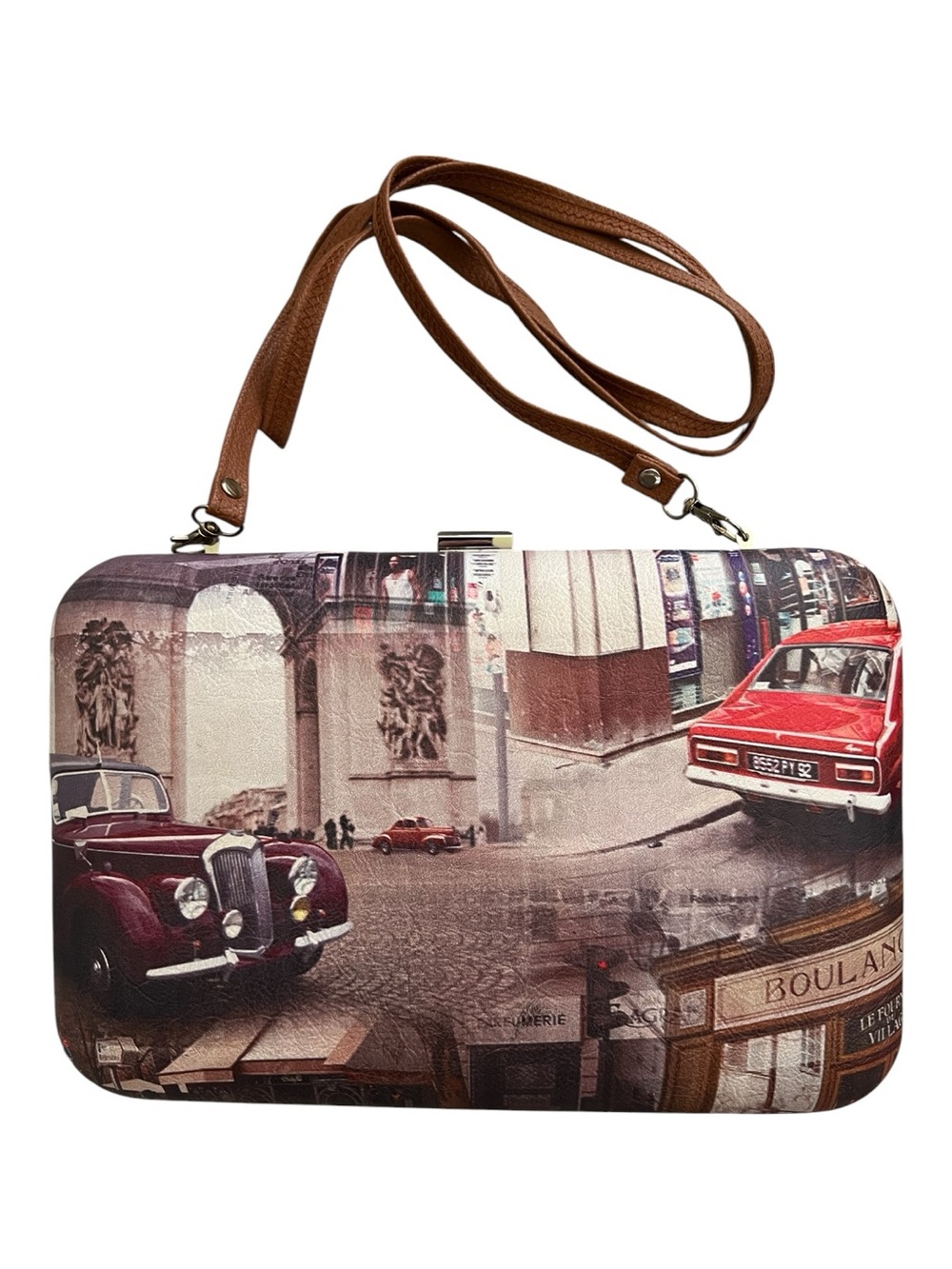 Retro City Print Brown Crossbody Clutch